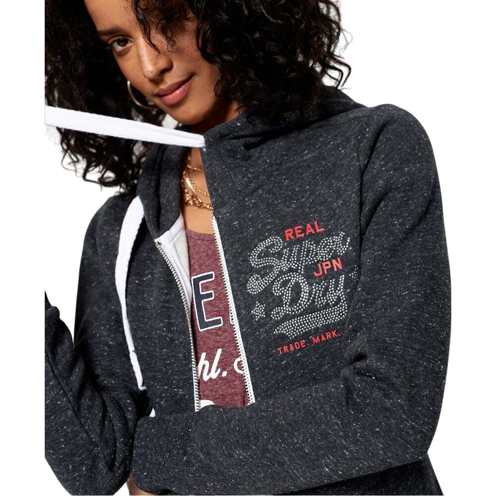 Superdry Long Sleeve Rhinestone Full Zip Logo Drawcord Hoodie, Dark Gray, Sz 8